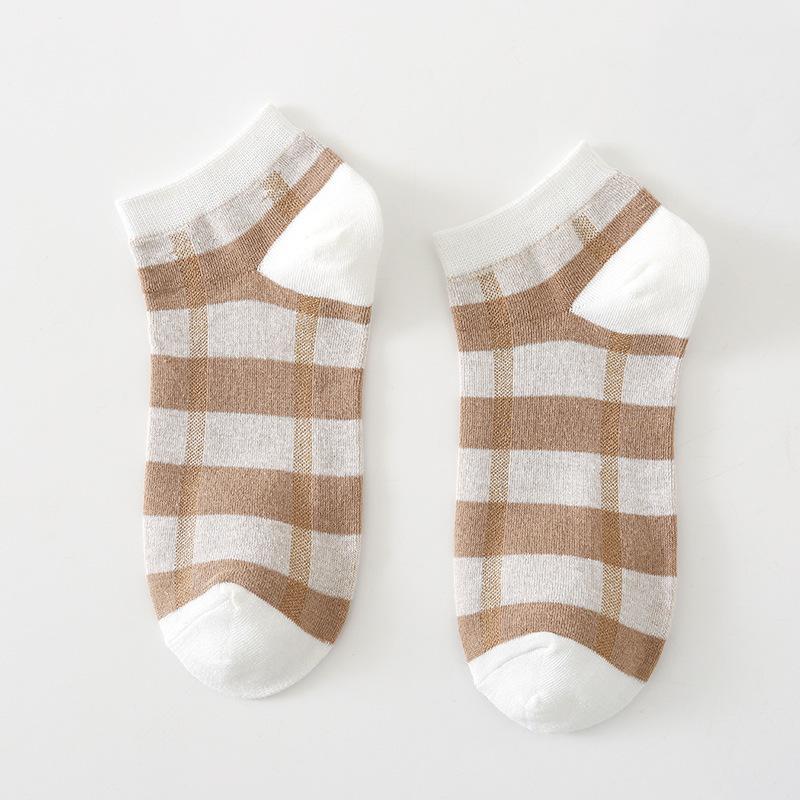 5/10 Pairs Casual Spring and Summer Socks for Women Boat Socks Cute Khaki Checkered Short Socks Low Cut Shallow Mouth Cotton Invisible Socks