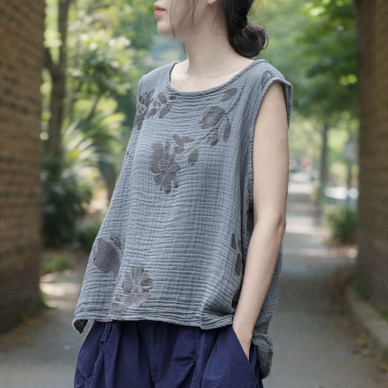 

Johnature Винтажный принт цветочный топы женские O-образный вырез без рукавов летние китайские свободные майки One Size