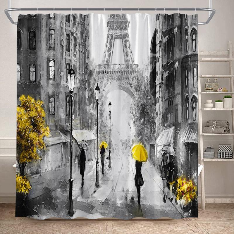 

Vintage Paris Tower Shower Curtains Pink Floral Tree Romantic Lovers Park Scenery Ink Art Bathroom Decor Bath Curtain With Hooks 90x180cm-35x70in