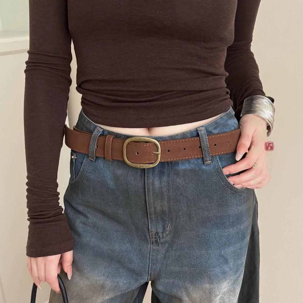 Women's High-End Retro Brown Leather Belt with Buckle - Stylish Wide Waistband Accessory for Jeans