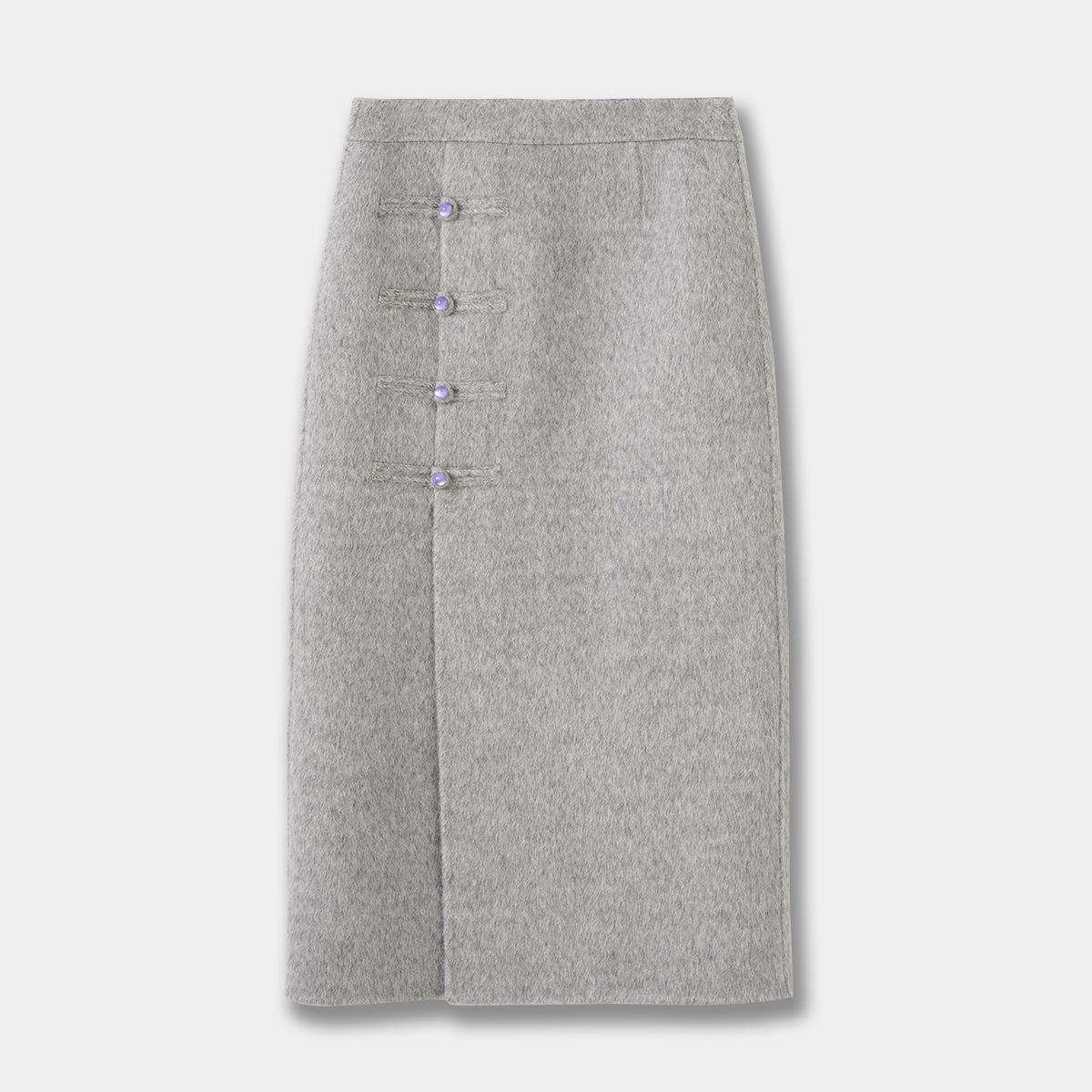 Wool Blend Two-Tone Frog Button Skirt - New Chinese Style Winter Collection M