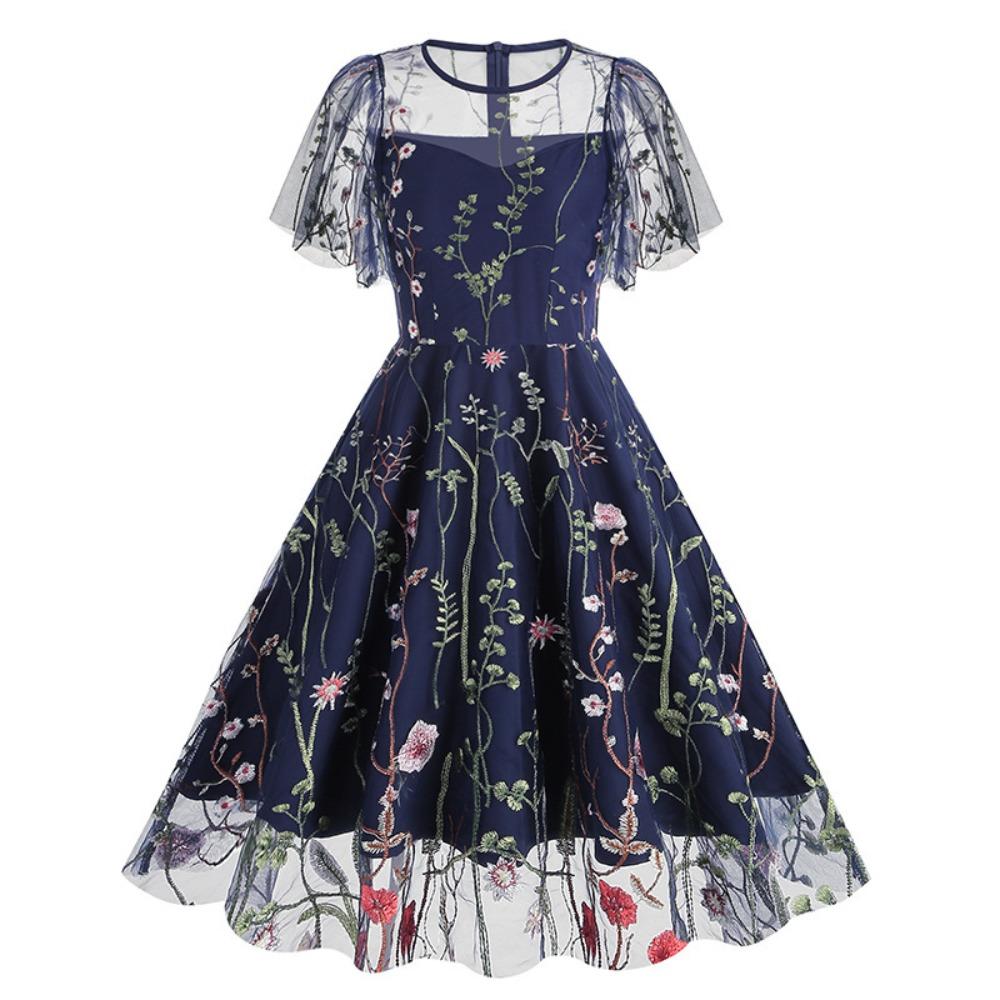 Women's Crew Neck Short Sleeve Midi Dress A Line Mid Waist Mesh Floral Embroidery Swing Dress Vintage Evening Party Dress