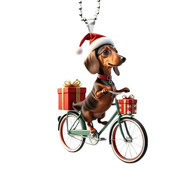 Acrylic Car Mirror Hanging Ornament, Dog Cycle Christmas Accent with Cord for Holiday Vehicle Use and Display Trim