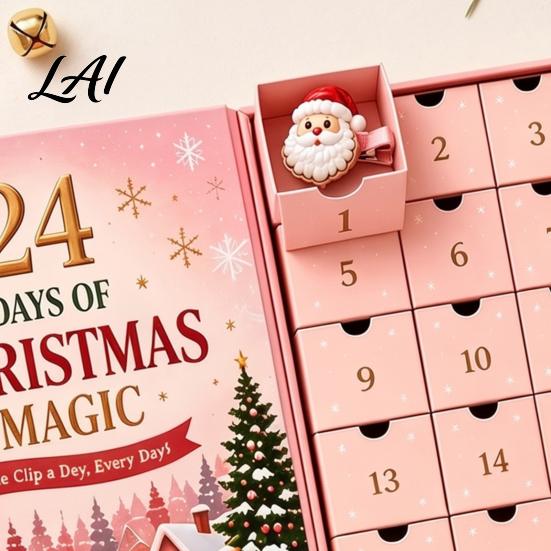 Christmas Party Advent Calendar, 24-Day Clip Hair Styling Girls Countdown Box with Festive Accessories