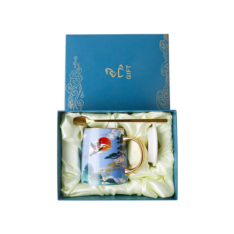 Creative National Tide Style Festive Mug With Spoon And Lid  Personality Ceramic Cup Chinese Style Couple Coffee Water Cup