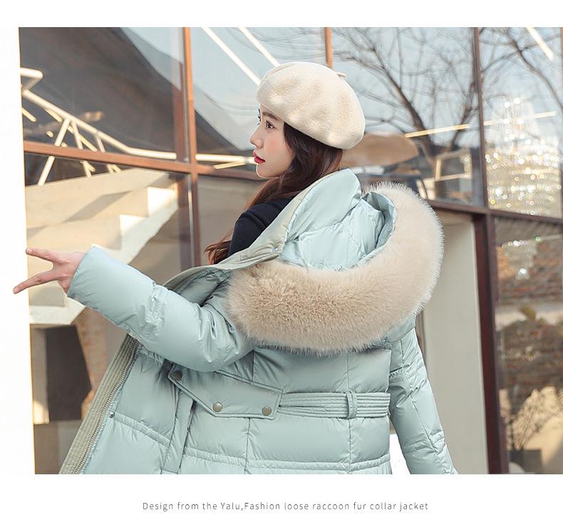 Winter Women's Long Cotton Jacket with Fur Collar and Belted Waist