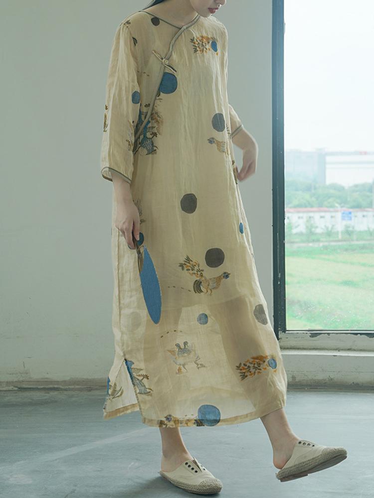 Johnature Dámské šaty Ramie v čínském stylu Květinové Vysoce kvalitní Župany se sedmi rukávy Vintage šaty s knoflíky na podzim