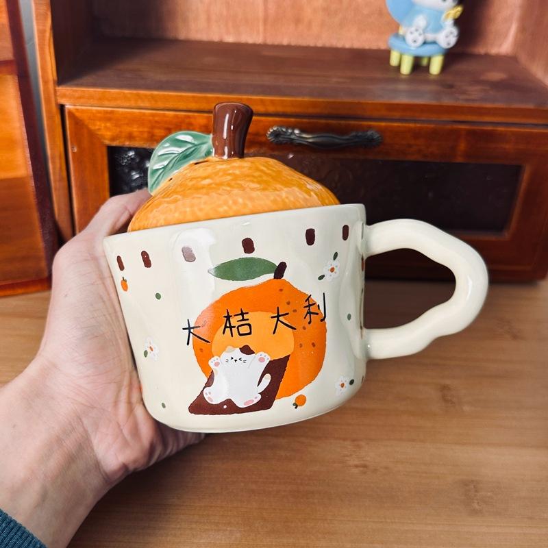 Daji Dali Orange Ceramic Cup with Lid Cute Cat Mug New Year Gift Coffee Cup Office Water Cup