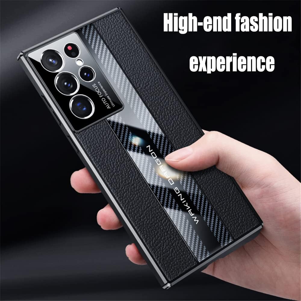 For Samsung S21 Ultra Case Luxury TPU Soft Bumper Carbon Fiber & Genuine Leather Cover Compatible with Samsung Galaxy S21 Ultra 6.8" Inch Case Camera