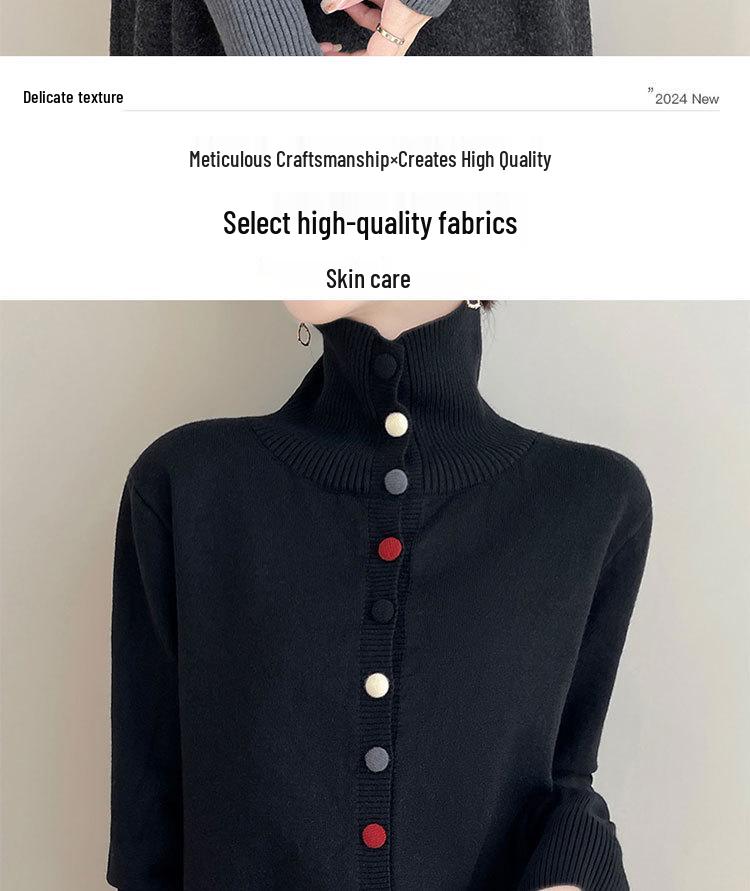 Women's Chic High-Neck Knit Cardigan - Autumn/Winter Single-Breasted Versatile Sweater