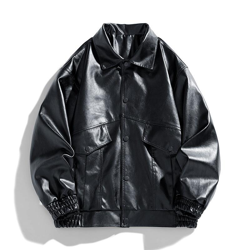 New PU leather men's lapel collar American leather jacket trendy men's casual jacket trendy Hong Kong style coat wide