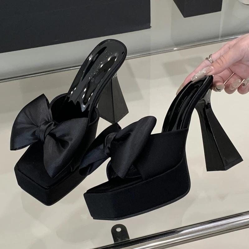 Summer Fashion Butterfly-knot Platform Slippers Women Square Toe Chunky Heels Shoes Party Dress Zapatos De Mujer