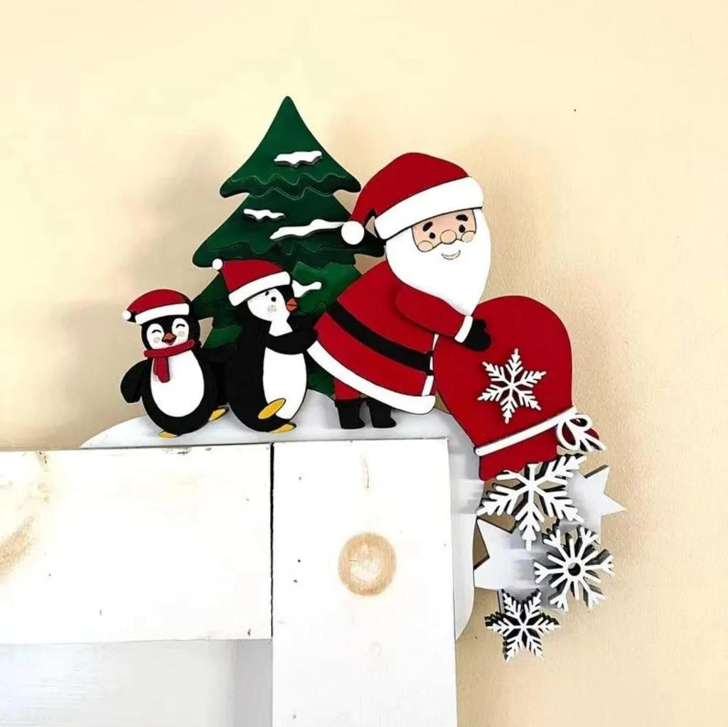 Christmas Decoration Cartoon 3D Santa Claus Wooden Ornament Corner Door Frame Decor