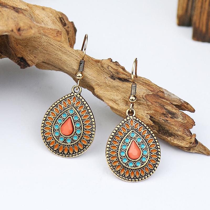 Colorful Ethnic Vintage Round Geometric Flower Drop Dangle Earrings For Women Crystal Enamel Ornament Bohemian Wedding Zircon