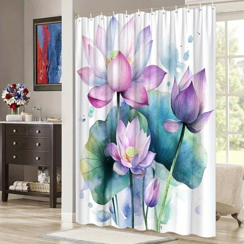 ~O~Lotus Flowers Shower Curtain - Soft Pink Lavender & White, Blue-Green Leaves, Watercolor, Polyester, 12 Hooks, 70.8x70.8 Inch