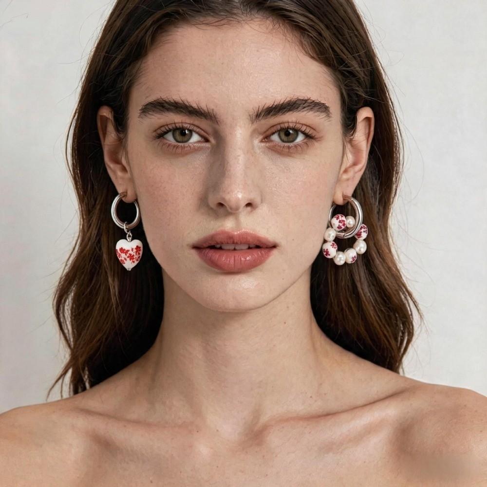 Heart Dangle Earrings Imitation Ceramic Pearls Dangle Earrings Asymmetric Earrings  Women
