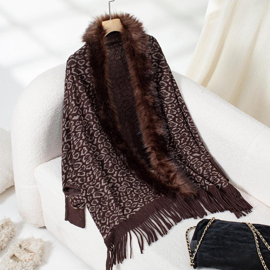 Leopard Print Fur Collar Knitted Cardigan: Autumn/Winter Batwing Sleeve Cape