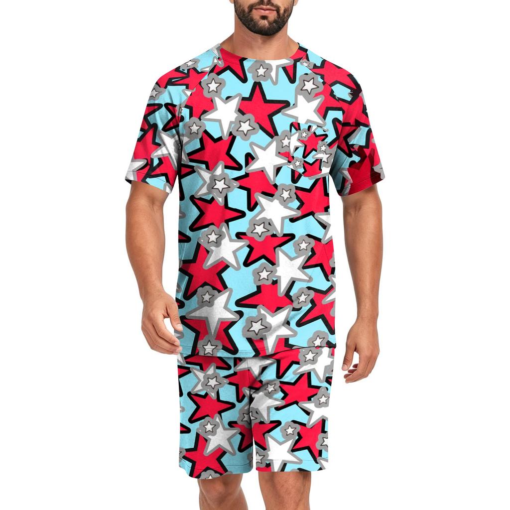 Men's Short Sleeve Pajama Set Lightweight Soft Fabric Crew Neck Top and Elastic Waist Shorts Summer Homewear Sleepwear Set