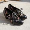 Ethnische Stil High-Heeled Pumps Echtes Leder Patchwork Jacquardstoff Dicker Absatz Damenschuhe