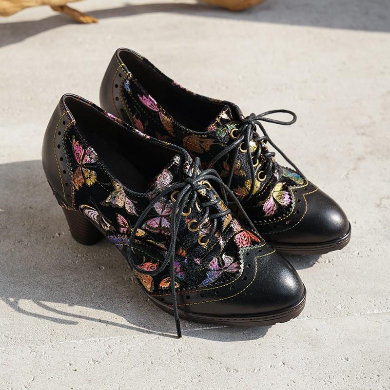 Johnature Ethnic Style High-heeled Pumps Genuine Leather Patchwork Jacquard Fabric Thick Heel Women's Shoes
