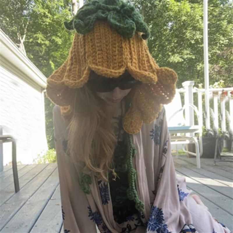 

Вязаный крючком берет с ушками кролика, милая шапочка лоли для взрослых, шляпа рыбака Adult 56-59cm