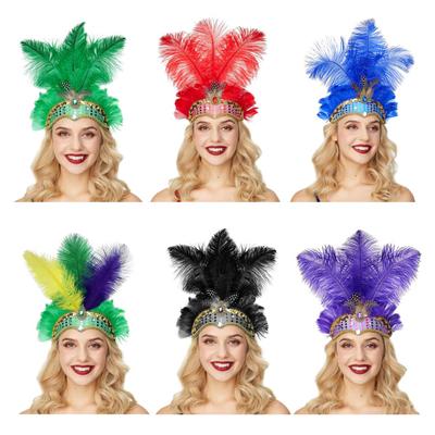 Feather Headpiece Hair Band with Rhinestones Sequins Elastic Carnival Headdress Women Lightweight