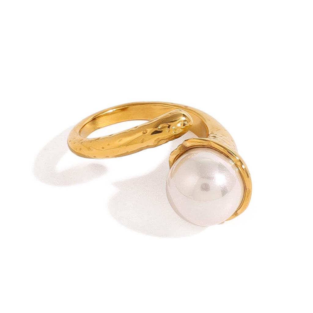 Elegant 18k Gold Stainless Steel Open Ring with Hammered Texture and Inlaid Pearl Bead