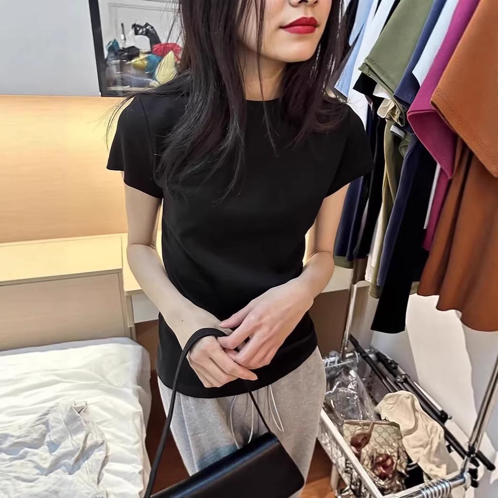 New front shoulder short-sleeved t-shirt women's summer slim-fitting half-sleeved tight-fitting waist-pinching thin top with bottom half-sleeved shor