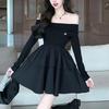 French Off-Shoulder Long-Sleeve Little Black A-Line Dress for Spring & Autumn - Sweet & Spicy Slim-Fit Waist-Cinching Design