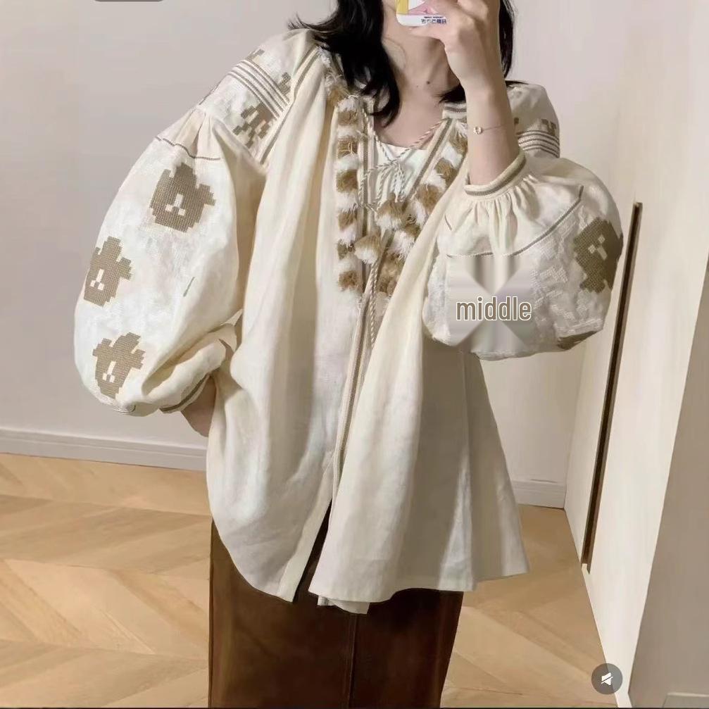 Women s French Embroidery Cotton Linen V-Neck Top with Tassel Tie L абрикосовый