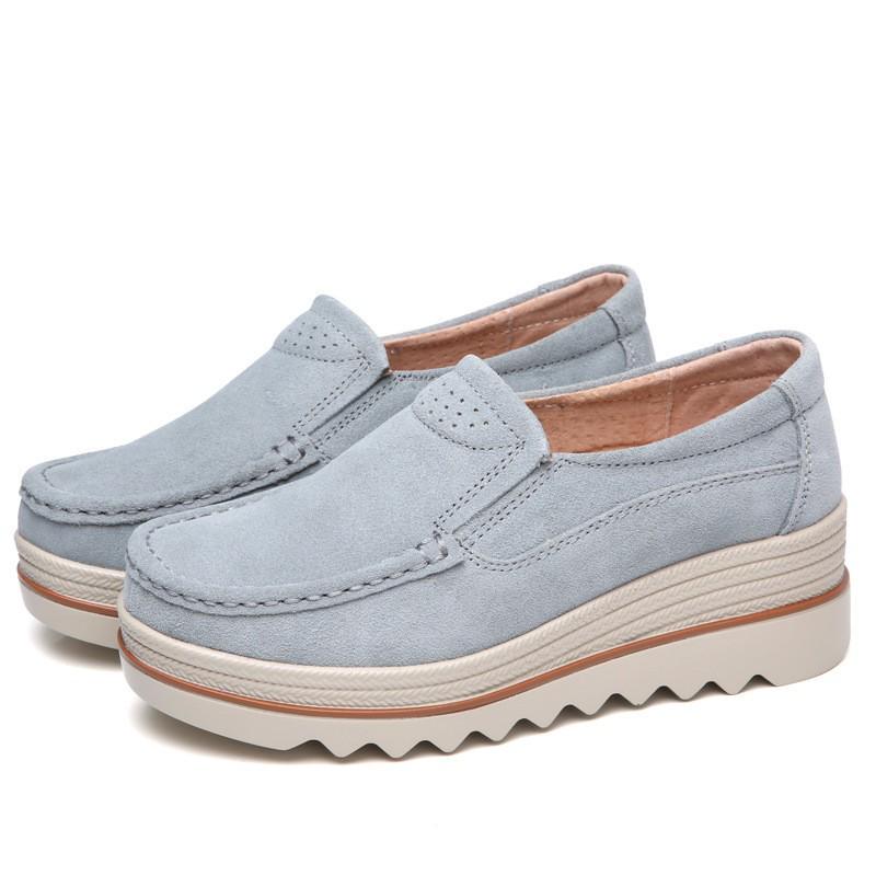 2018 Damen Plateau Slipper: Keilabsatz mit dicker Sohle, Echtes Leder, Lässiger Rocking-Stil, Große Größen verfügbar