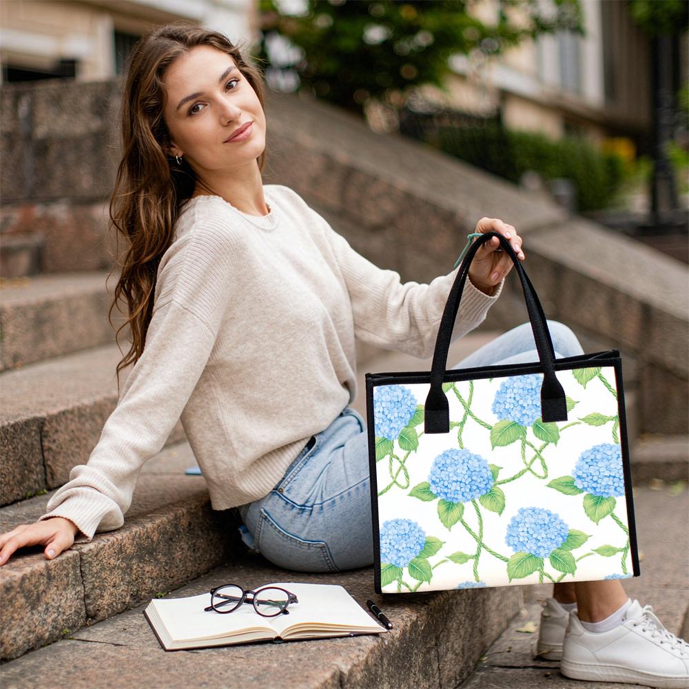 Blue Hydrangea Print Tote Bag Casual Large Capacity Shoulder Handbag for Daily Use