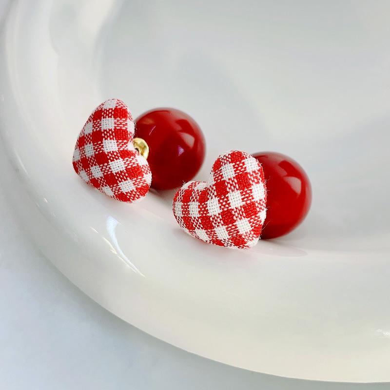 Cherry Red Heart Plaid Stud Earrings with Pearls - Christmas Autumn/Winter Light Luxury Essentials
