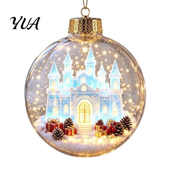 Christmas Gift Exchange Souvenirs Glowing Story Ornament, Mini Holiday Scene Light Up Ball Tree Hanging Ornaments Decoration, Acrylic Clear