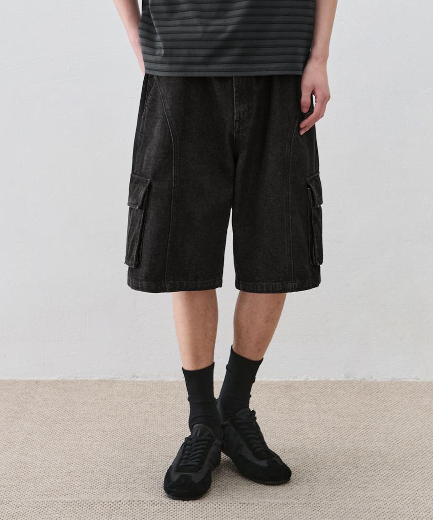 DRAW FIT Curved Line Cargo Denim Half Pants [Black]