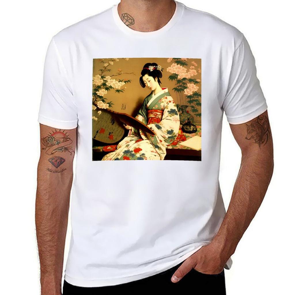Japanese Geisha In Kimono Vintage Poster Wall Art With Floral Design Tshirt Simple Solid Color Crew Neck Tee