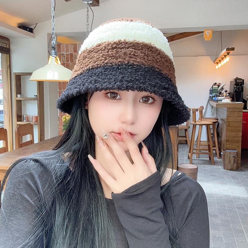 Striped Color blocking Knitted Fisherman Hat Women's Autumn and Winter Korean Version Ins Warm Wool Bucket Hat Showing Face Small Plush Basin Hat
