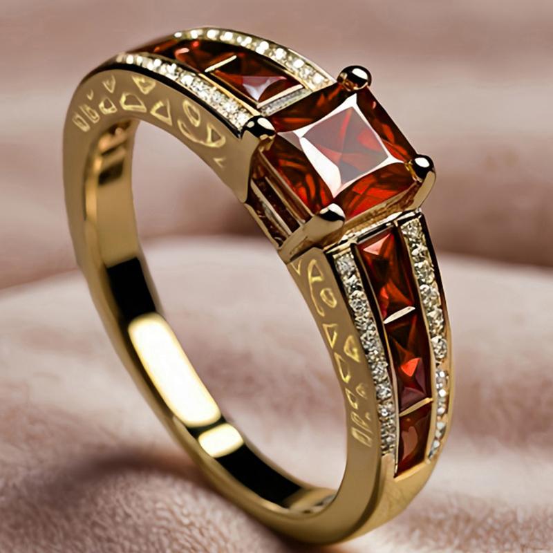 Royal Red Princess Cubic Zirconia Ring for Luxury Wedding Gold Color Women Accessories Trendy Party Charming Jewelry Gift