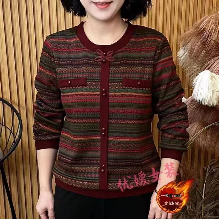 Velvet Round Neck Striped Long Sleeve Top for Middle-Aged and Elderly Women 5XL