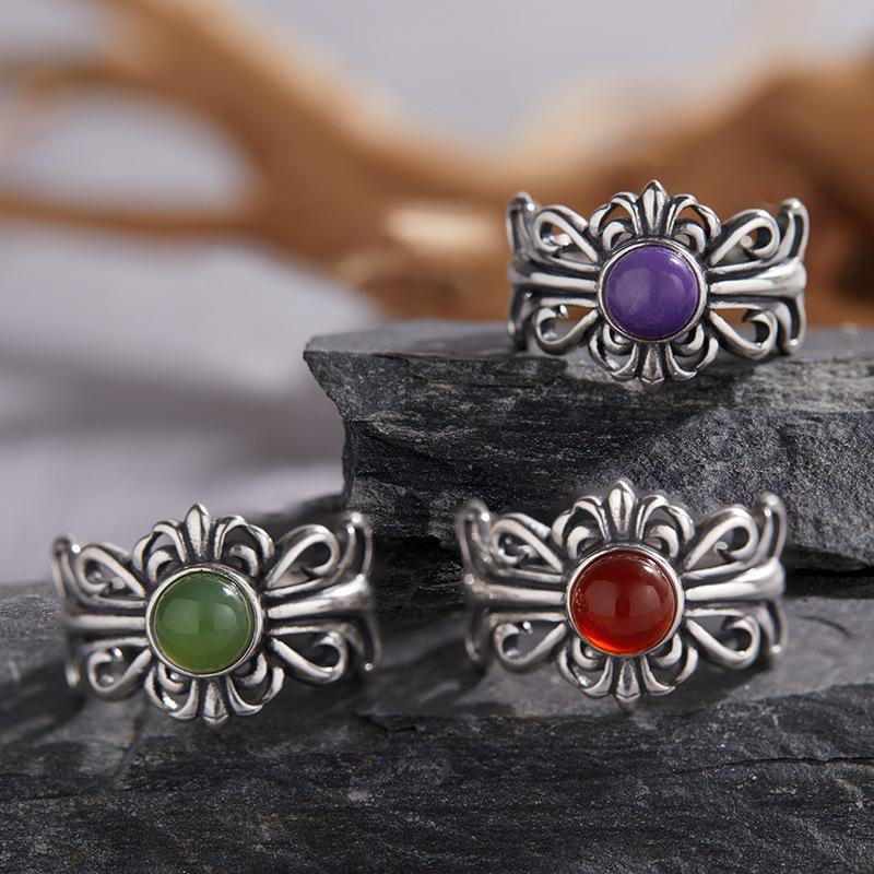 Personalized S925 Sterling Silver Natural Colored Treasure Ring, Retro Iris Exquisite Open Ring, Adjustable Couple Index Finger Ring