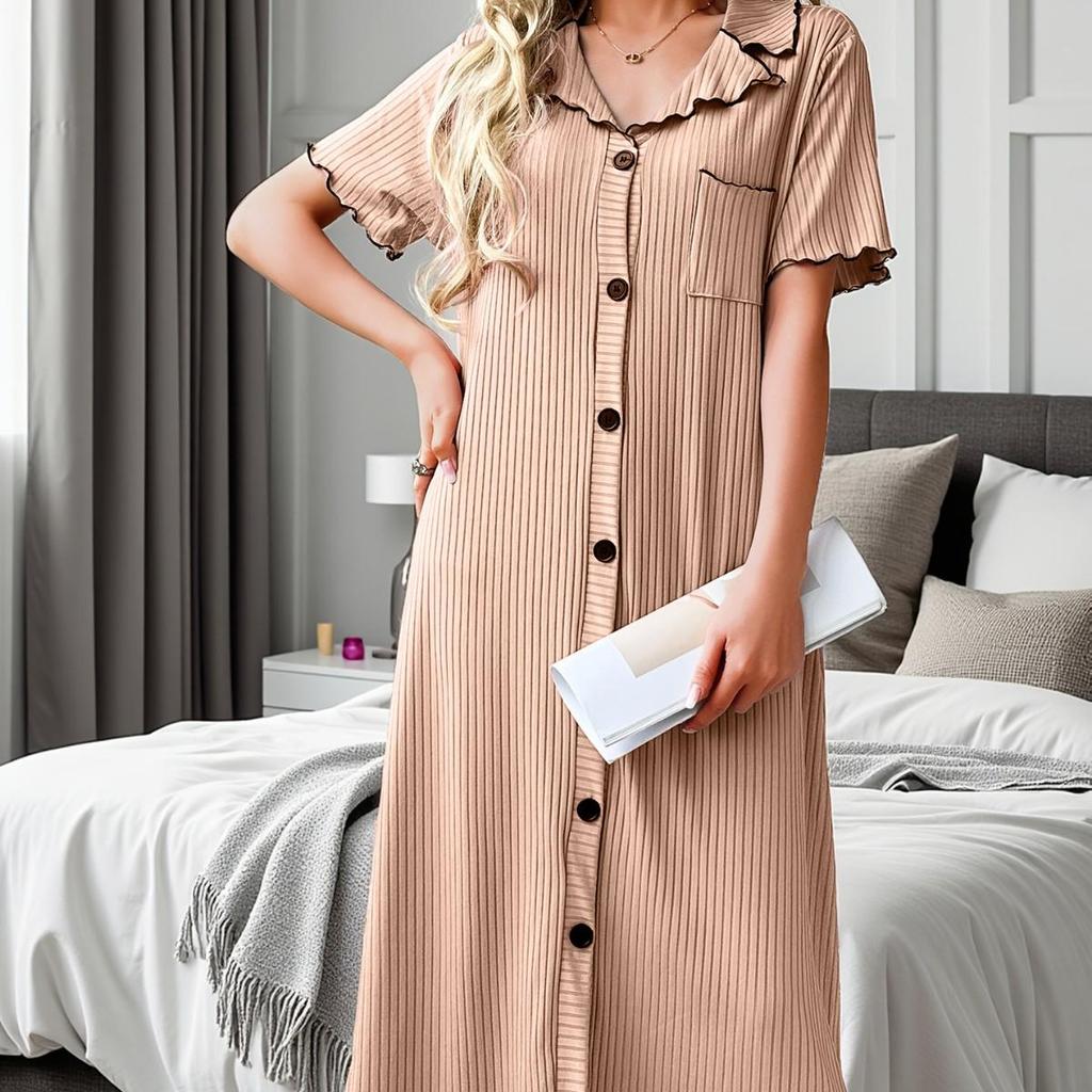 26QH Women's Lapel Short Sleeve Summer Nightgown - Loose, Sexy Pajama Dress for Spring & Autumn