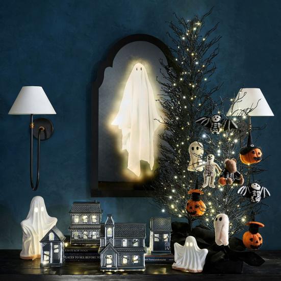 Halloween Novelty Ghost Mirror Light-up Hologram Ghost Mirror with LED Light for Haunted House Indoor Bedroom Kitchen Fireplace Decor