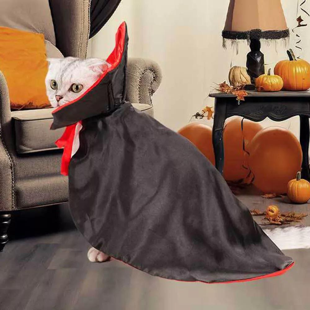 Spooky Vampire Cape for Pets - Red Black Adjustable Cat Dog Costume, Halloween Cosplay Photo Party Fun