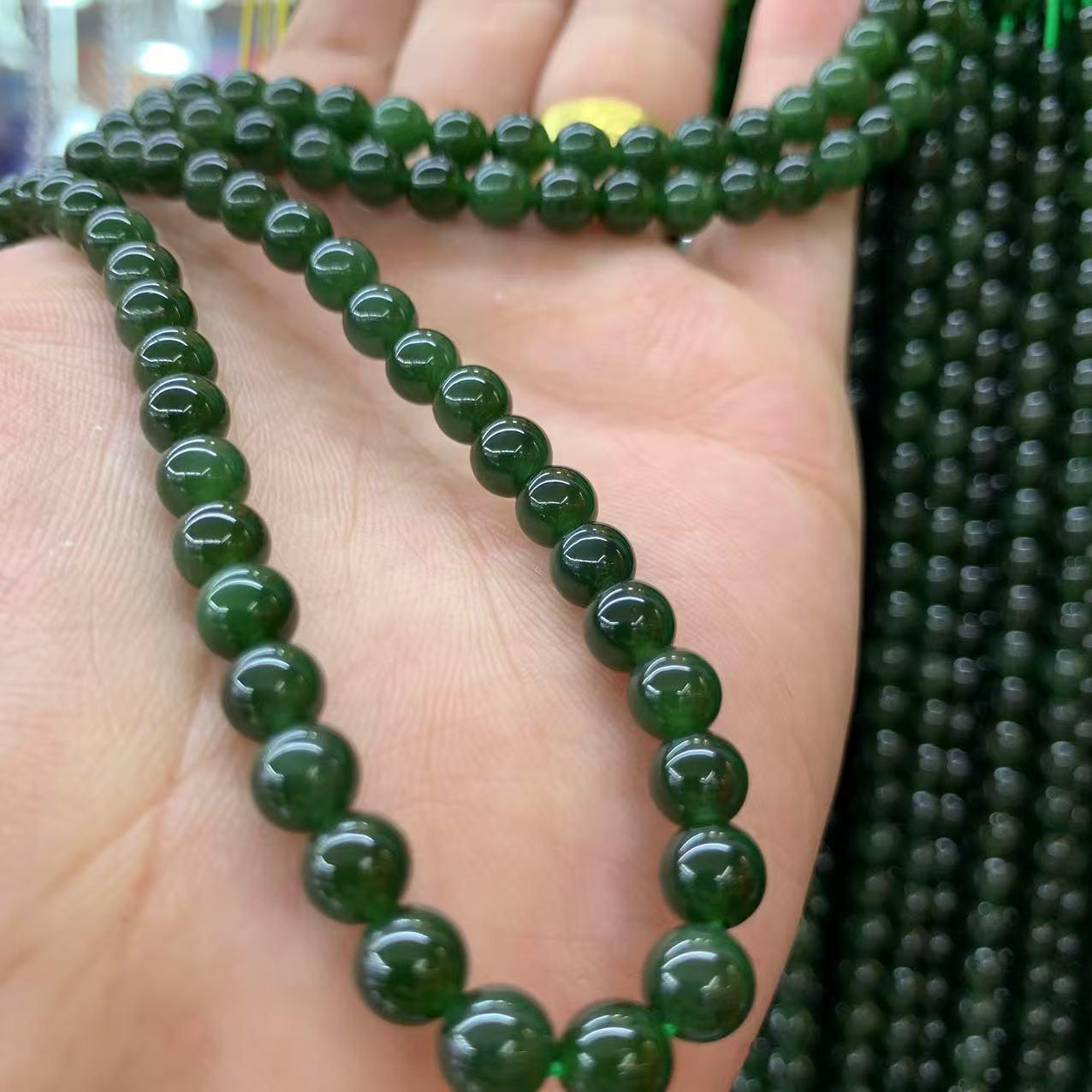 Hotan Jade 6mm Buddhist Beads - 108 Deep Spinach Green Beads with Subtle Black Spots