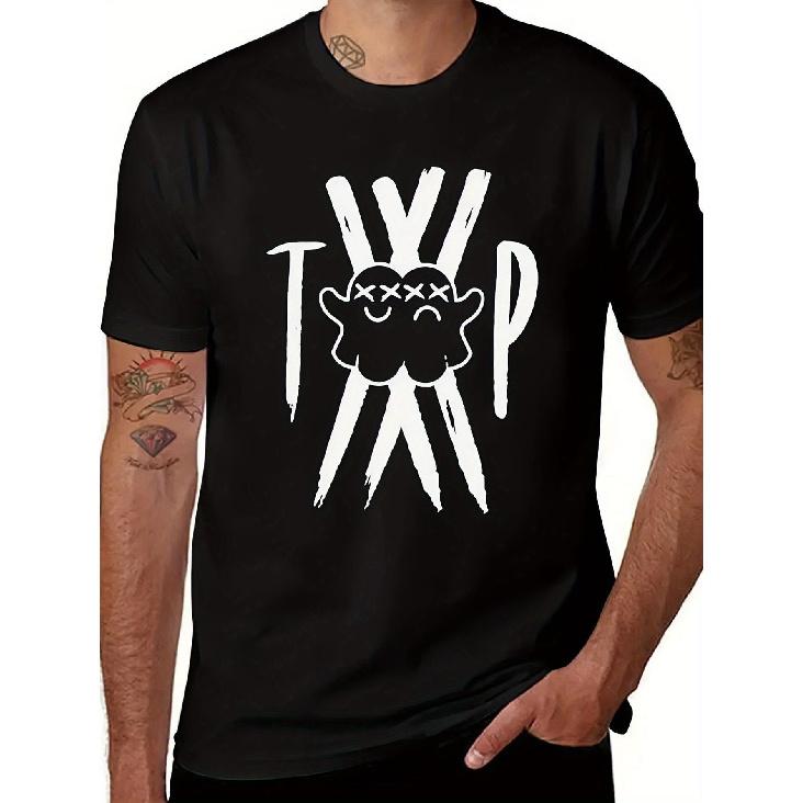 Herren Twin Paranormal Merch Anime T-Shirt Lustig TP Buchstaben Und Charaktere Grafik-T-Shirt, Schwarz Und Retro Popkultur Shirt, Locker Geschnitten Kurzarm,