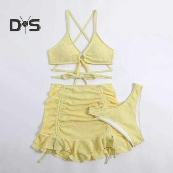 3-teiliges Badeanzug-Set für Damen, einfarbig, Wellenstruktur, sexy, geteilter Bikini mit Kordelzug, Rüschenbesatz, Rock, Schnürung, Strandmode