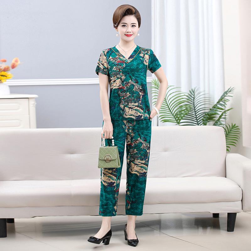 Set de vară răcoros cu mânecă scurtă din două piese pentru femei de vârstă mijlocie și în vârstă - Top și pantaloni cu imprimeu la modă de mamă