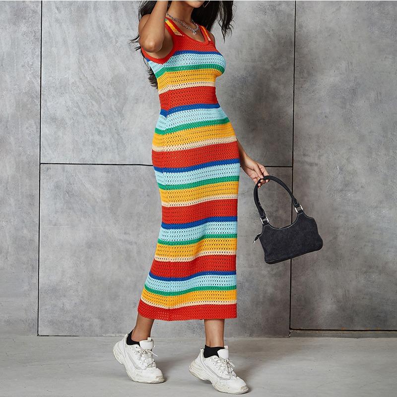Women's Spring New Knitted Skirt Color Contrast Fashion Sleeveless Repair Slimming High Waist Long Dress
