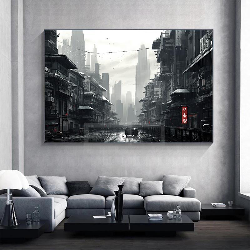 Futurism Cyberpunk Style City Landscape Poster Watercolor Prints Canvas Painting Wall Art Pictures Home Room Modern Sci-fi Decor