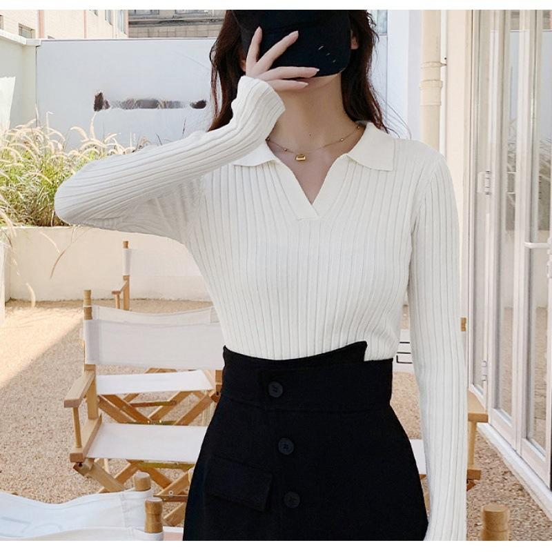 

Однотонный женский трикотажный свитер с длинным рукавом и лацканами, весенний новый облегающий топ-рубашка для ношения под низ One Size белый